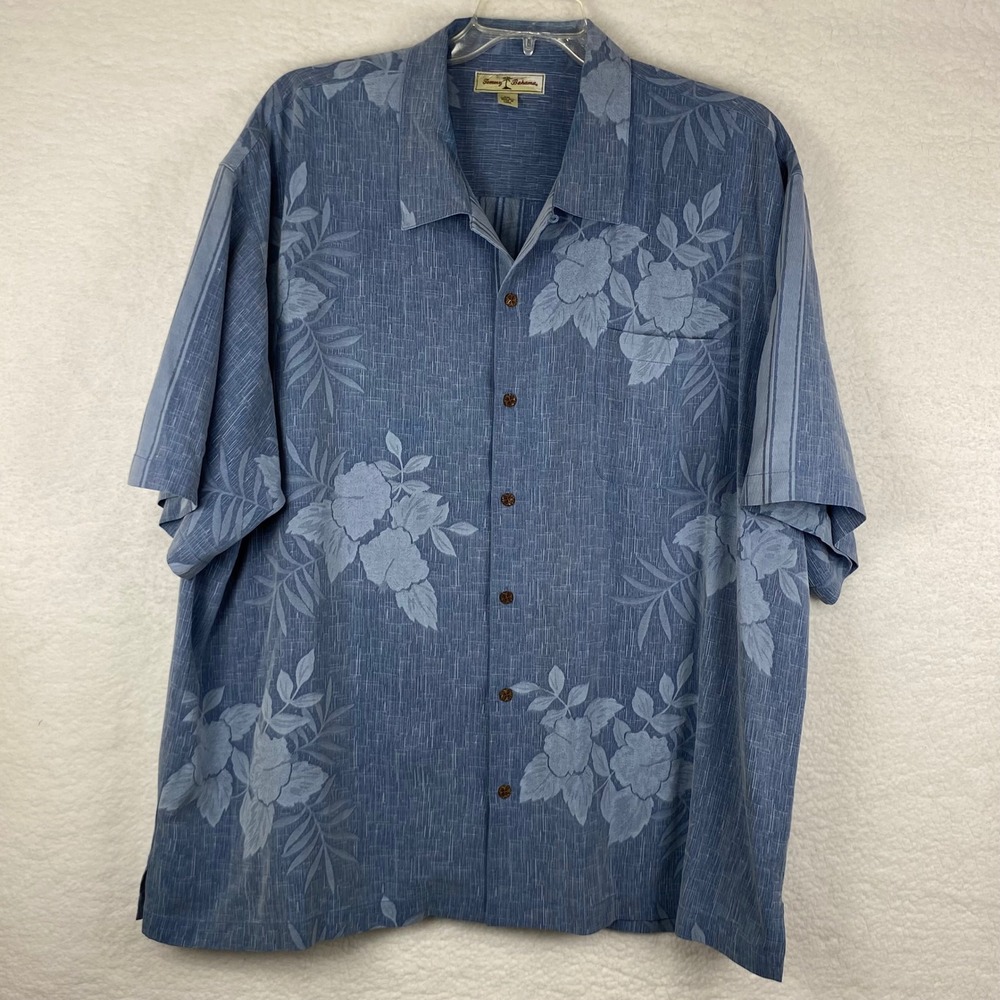 Tommy Bahama Mens XXL Blue 100% Silk Floral Jacquard Short Sleeve Camp Shirt